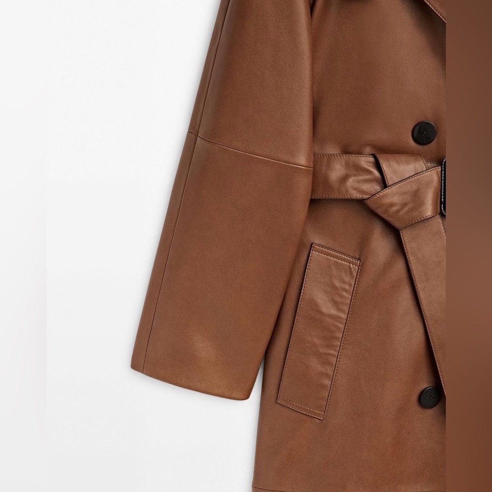 Massimo Dutti leather trench coat brown belted classic casual jacket - Picture 11 of 13